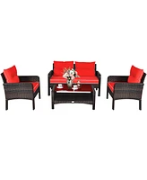 Costway 4PCS Patio Rattan Furniture Set Loveseat Sofa Coffee Table Garden W/Red Cushion