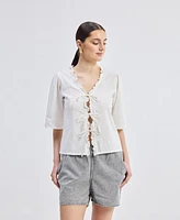 Reistor Women's Relaxed Fit Top With Ruffles and Front-Ties White
