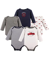 Hudson Baby Baby Boys Hudson Cotton Long-Sleeve Bodysuits 5pk, Fire Truck, 12-18 Months