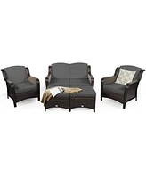 Gymax 5 Piece Outdoor Patio Rattan Conversation Sofa Furniture Set w/ Cushions