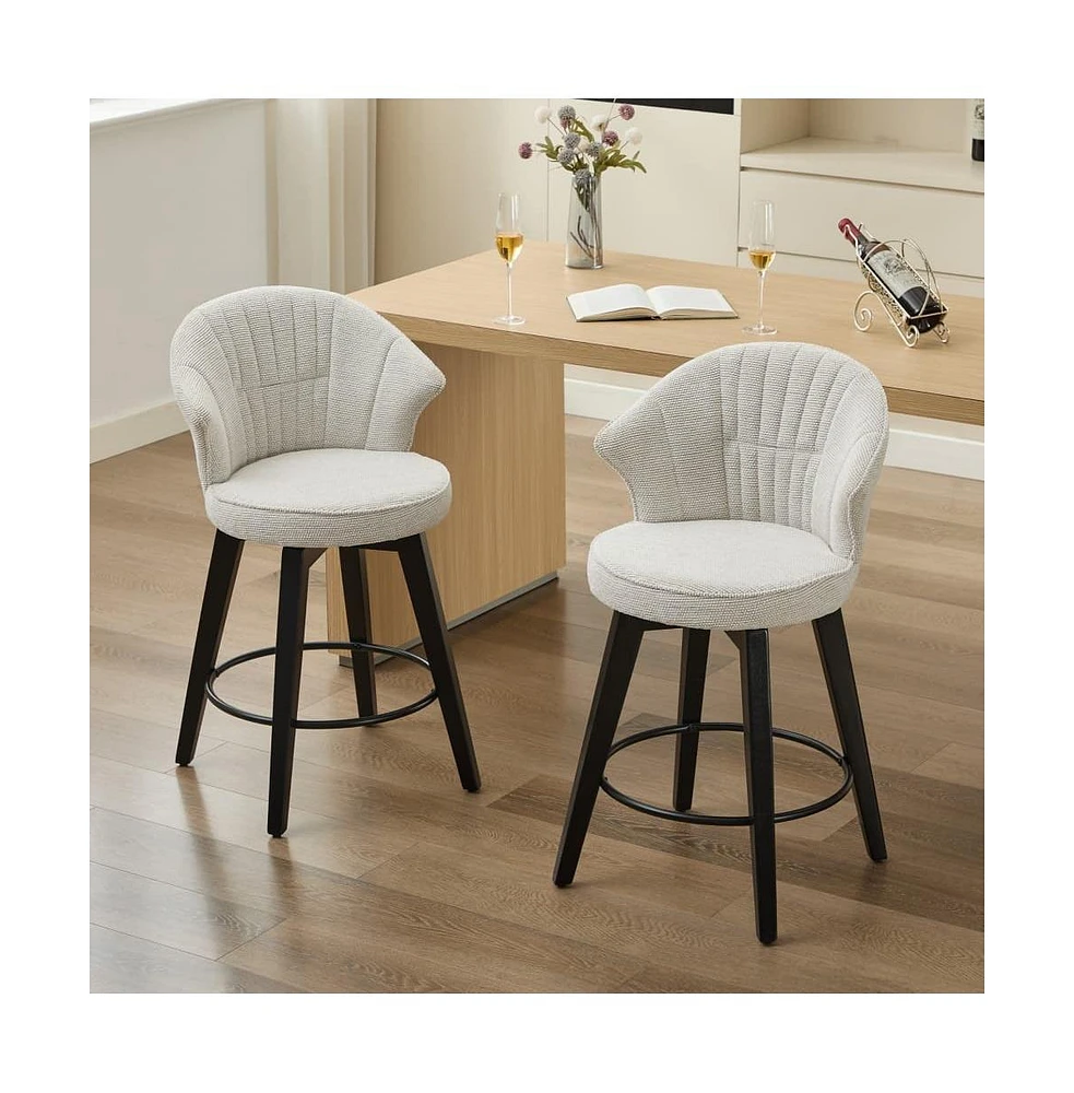 Set of 2 Swivel Bar Stools, Chenille Upholstered Counter Height Chairs with Wing-Back & Solid Wood Legs-The Pop Home