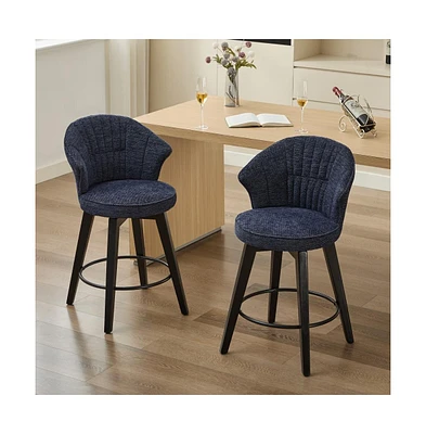 Set of 2 Swivel Bar Stools, Chenille Upholstered Counter Height Chairs with Wing-Back & Solid Wood Legs-The Pop Home