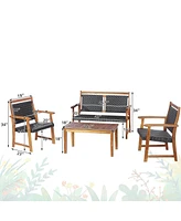 Gymax 4 Piece Outdoor Acacia Wood Furniture Set Patio Rattan Conversation Set w/ Table