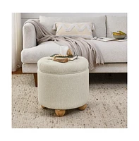 Round Storage Ottoman with Lid, Multi-Functional Upholstered Footrest, Tufted Linen Ottoman-The Pop Home