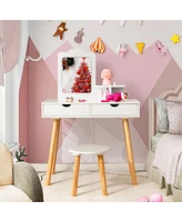Kid Vanity Table Chair Set with Mirror and 2 Large Storage Drawers