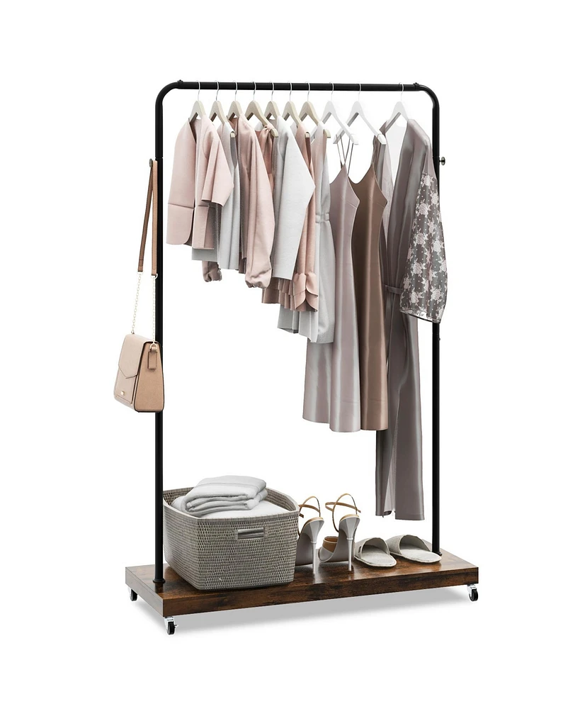 Rolling Garment Rack with Hanging Hooks and Bottom Storage Shelf