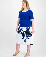 Anne Klein Plus Size Square Neck Sweater Printed Flared Skirt