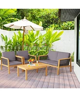 Gymax Piece Patio Pe Rattan Conversation Set Acacia Wood Furniture Set w/ Cushions