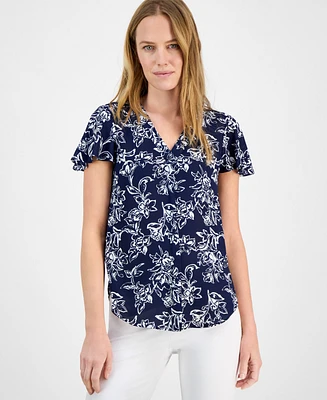Ak Anne Klein Women's Printed V-Neck Flutter-Sleeve Tunic