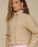 Avec Les Filles Women's Cotton Embroidered Cropped Jacket