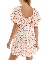 Crystal Doll Juniors' Printed Lace-Up Bubble-Sleeve Skater Dress