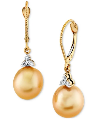 Cultured Golden South Sea Pearl (9mm) & Diamond (1/8 ct. t.w.) Drop Earrings in 14k Yellow Gold