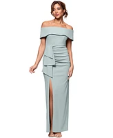 Xscape Petite Off-The-Shoulder-Sleeve Draped Gown
