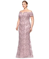 Xscape Plus Short-Sleeve Lace Off-The-Shoulder Gown