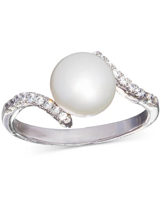 Cultured Freshwater Pearl (8mm) & Cubic Zirconia Bypass Swirl Ring Sterling Silver