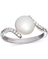 Cultured Freshwater Pearl (8mm) & Cubic Zirconia Bypass Swirl Ring Sterling Silver
