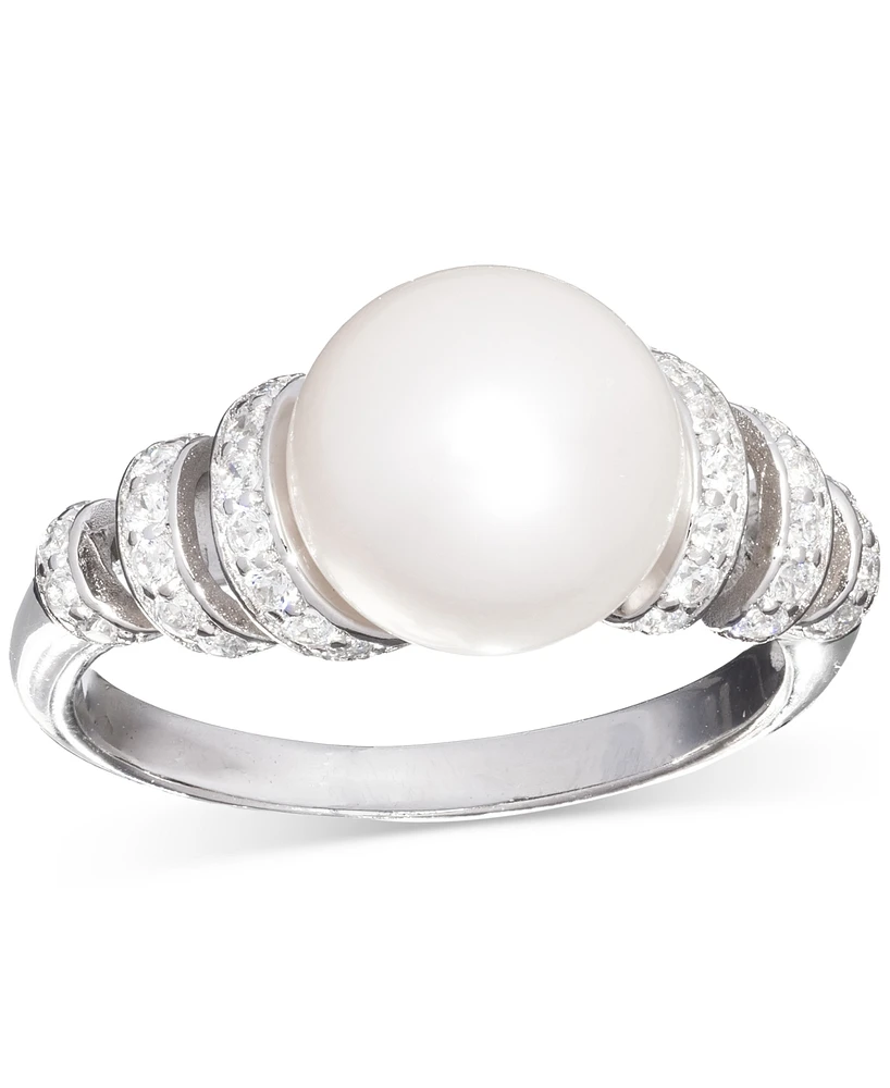 Cultured Freshwater Pearl (10mm) & Cubic Zirconia Swirl Coil Ring Sterling Silver
