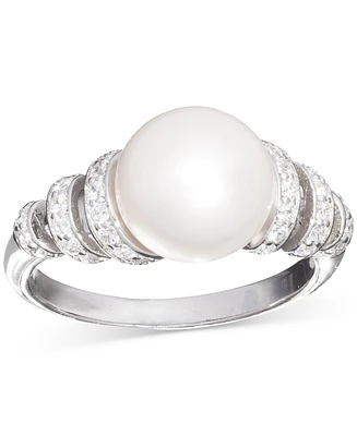 Cultured Freshwater Pearl (10mm) & Cubic Zirconia Swirl Coil Ring Sterling Silver