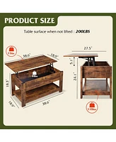 Wlive Modern Lift Top Coffee Table,Rustic Coffee Table with Storage Shelf and Hidden Compartment,Wood Lift Tabletop for Home Living Room,Rustic Brown.
