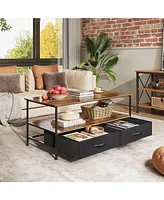 Wlive Coffee Table with Storage Drawers and Open Shelf, Mid-Century Modern Wood and Metal Cocktail Table for Living Room