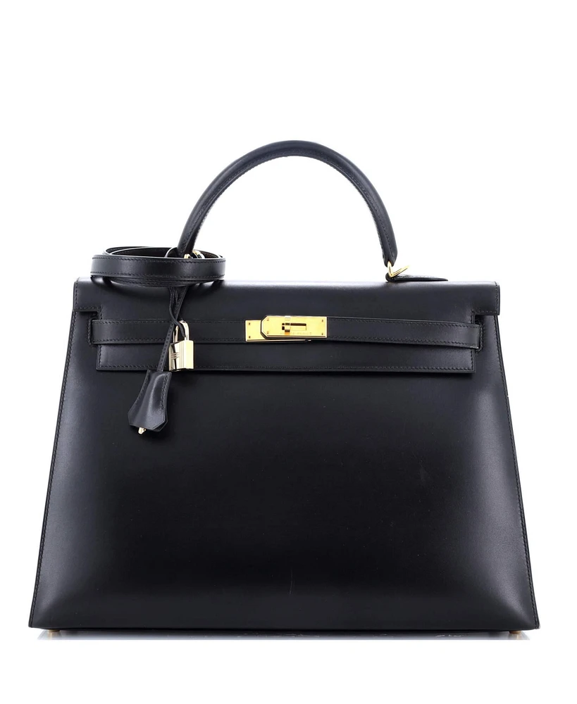 Pre-Owned Hermes Kelly Handbag Black Box Calf with Gold Hardware