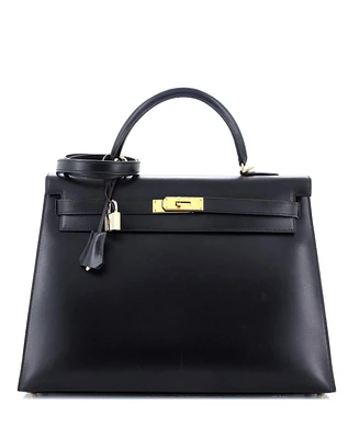 Pre-Owned Hermes Kelly Handbag Black Box Calf with Gold Hardware