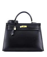 Pre-Owned Hermes Kelly Handbag Black Box Calf with Gold Hardware