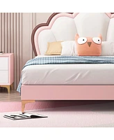 Queen Size Platform Bed Frame with Crown Shaped Headboard, Large Full Children's Bed Frame, Single Double Bed with Pu Leather Headboard