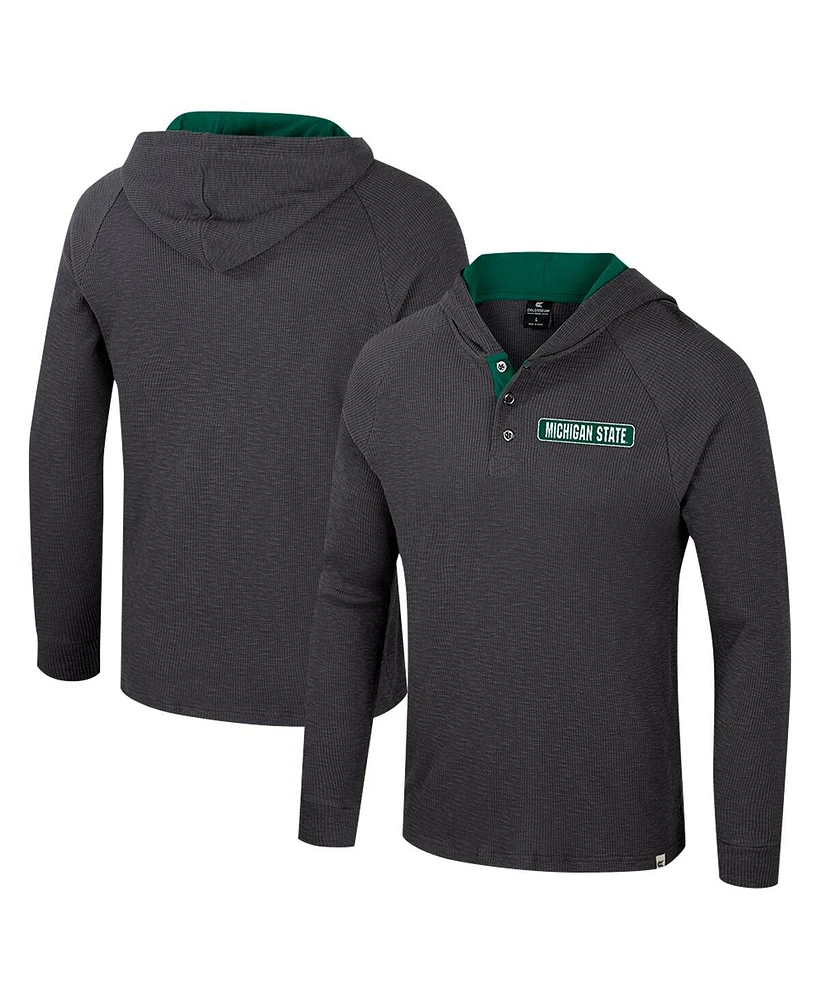 Colosseum Men's Charcoal Michigan State Spartans DuJour Raglan Long Sleeve Henley Hoodie T-Shirt