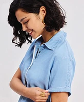 Reistor Women's Drawstring Denim Shirt Dress with Front Buttons Blue