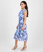 Ak Anne Klein Petite Printed Tie-Waist Cap-Sleeve Midi Dress
