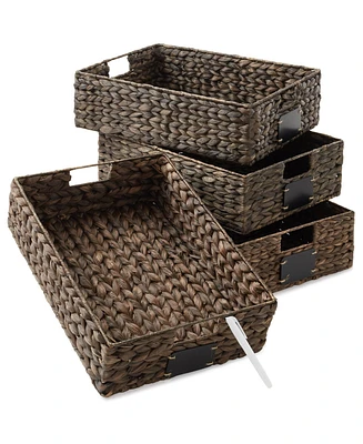 Casafield (Set of 4) Water Hyacinth 12-1/2"x17"x5" Pantry Baskets w/ Chalkboard Labels and Marker - Espresso, Woven Storage Bins for Kitchen Shelves