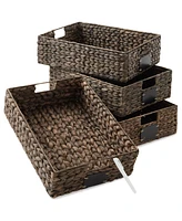 Casafield (Set of 4) Water Hyacinth 12-1/2"x17"x5" Pantry Baskets w/ Chalkboard Labels and Marker - Espresso, Woven Storage Bins for Kitchen Shelves