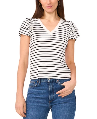 Sam & Jess Petite Ribbed Flutter-Sleeve Striped Top