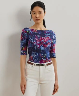 Lauren Ralph Lauren Womens Print Stretch Cotton Boatneck Tee P Xs 3x