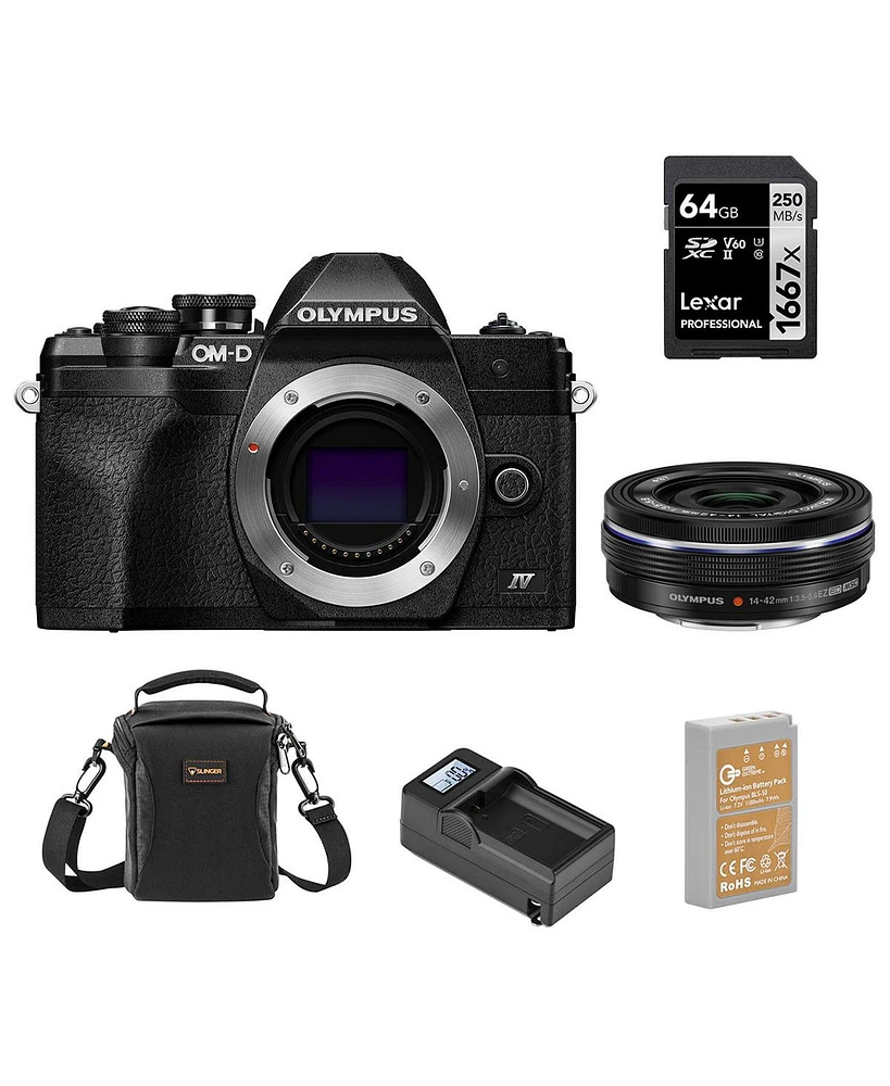 Olympus Om-d E-M10 Mark Iv Camera with M.Zuiko Ed 14-42mm F3.5-5.6 Ez Lens, Black Bundle with 64GB Sd Card, Shoulder Bag, Extra Battery, Smart Charger