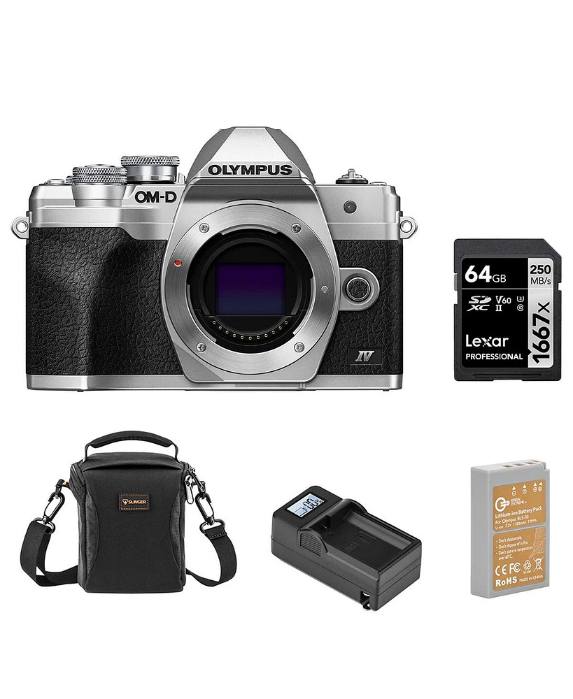 Olympus Om-d E-M10 Mark Iv Camera, Silver Bundle with 64GB Sd Card, Shoulder Bag, Extra Battery, Smart Charger