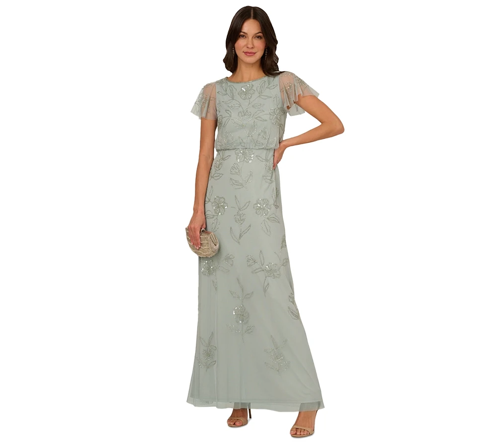 Adrianna Papell Petite Aqua Dust Boat-Neck Beaded Dress