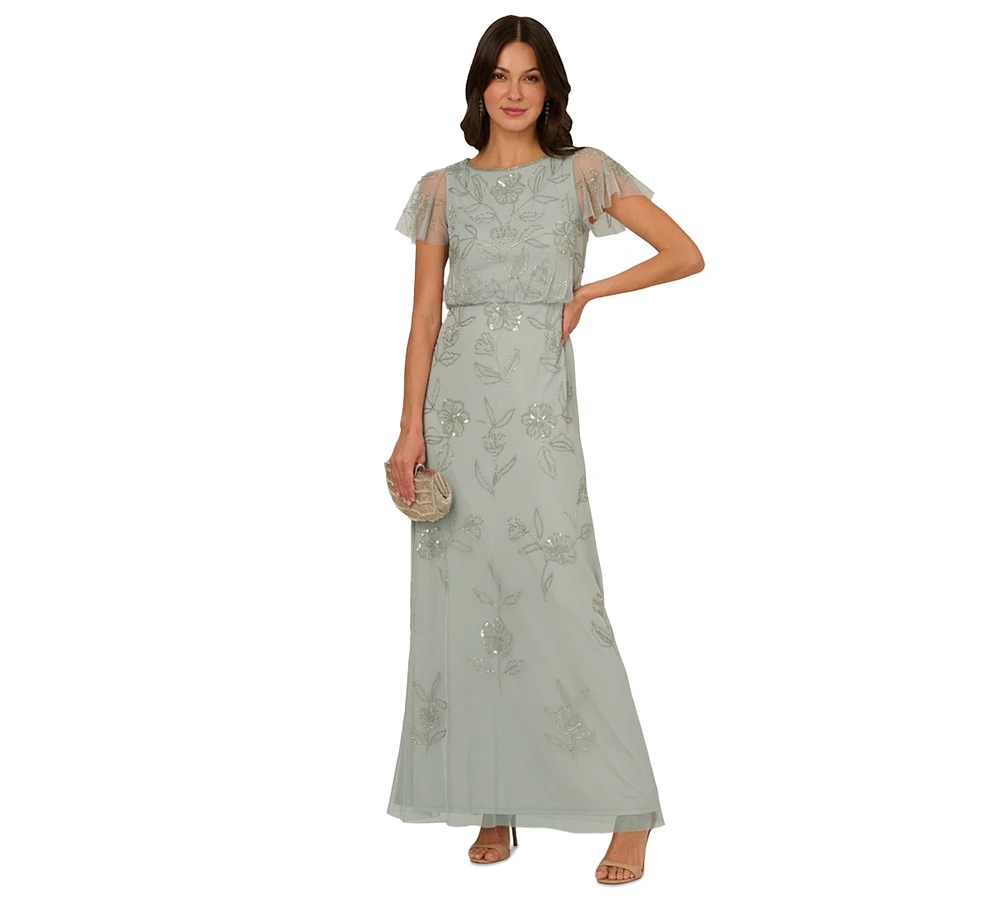 Adrianna Papell Women's Beaded Blouson Flutter-Sleeve Dress