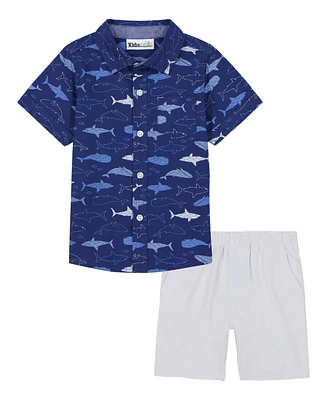 Kids Headquarters Baby Boys 2-Piece Short Sleeve Fish Print Poplin Shirt and Twill Shorts Set