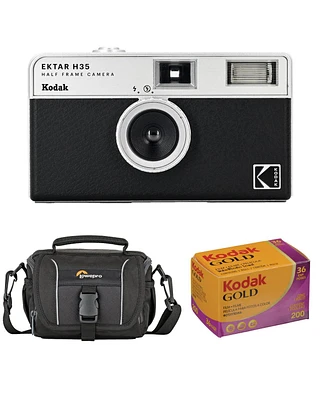 Kodak Ektar H35 Half Frame Film Camera, Black, Bundle with Kodacolor Gold 200 35mm Color Negative Roll Film and Shoulder Bag