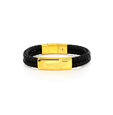 Stainless Steel, Double Leather Strand, Cross Design Bracelet