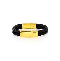 Stainless Steel, Double Leather Strand, Cross Design Bracelet