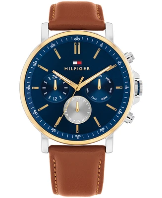 Tommy Hilfiger Men's Multifunction Brown Leather Strap Watch, 44mm