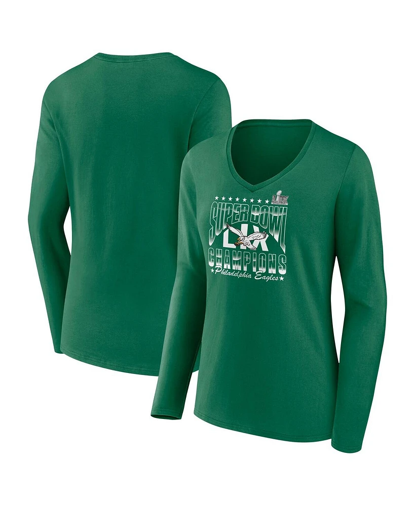 Fanatics Women's Kelly Green Philadelphia Eagles Super Bowl Lix Champions Retro Logo Long Sleeve V-Neck T-Shirt