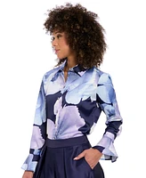Muse Women's Floral Satin Collared Button-Front Blouse