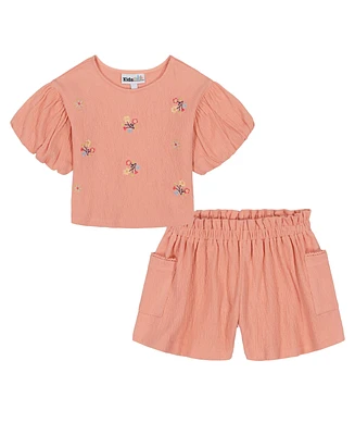 Kids Headquarters Toddler and Little Girls 2-Piece Floral Embroidered Top Crinkle Knit Shorts Set
