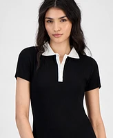 Bar Iii Women's Short-Sleeve Rib-Knit Polo Shirt, Exclusively at Macy's