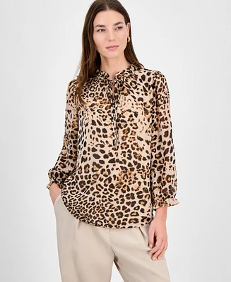 Bar Iii Women's Animal-Print Ruffled Tie-Neck Blouse, Exclusively at Macy's