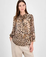 Bar Iii Women's Animal-Print Ruffled Tie-Neck Blouse, Exclusively at Macy's